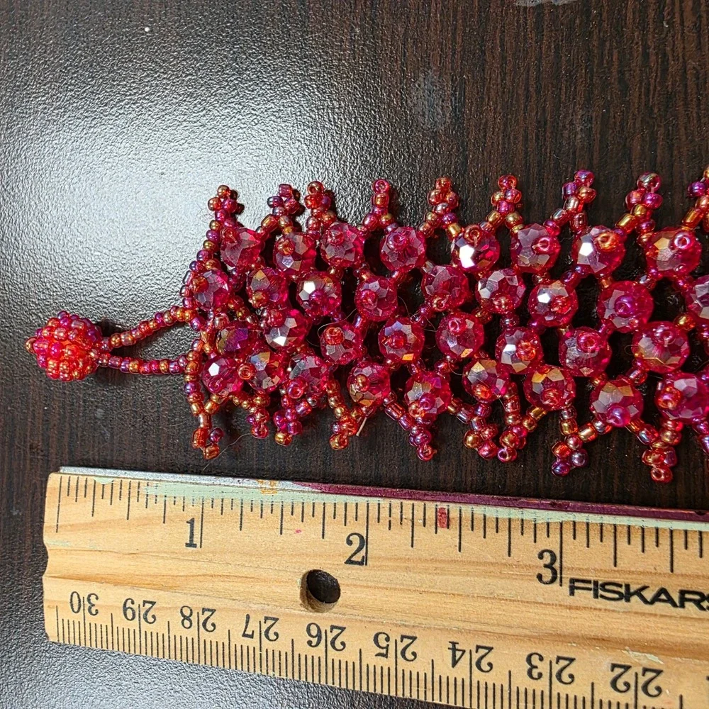 Handmade Magenta Red Beaded Cuff Bracelet Faceted Glass Seed Bead Statement 7.5